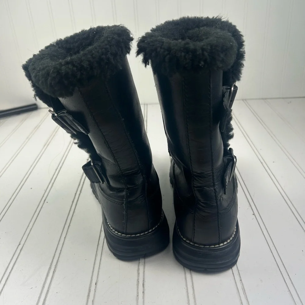 UGG Vintage Larkspur Black Leather Shearling Buckle Boots Women’s Size 6